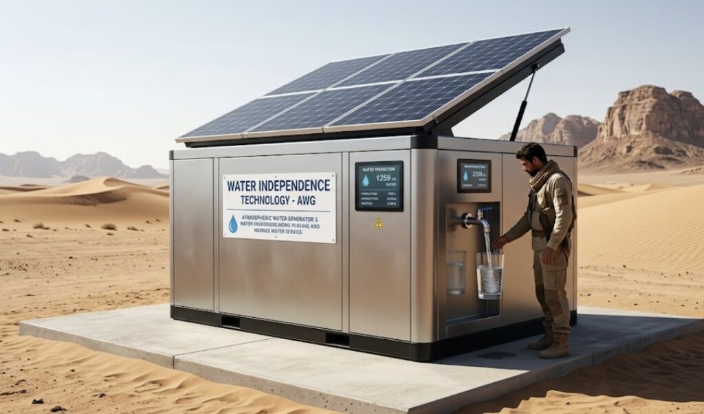 Solar-powered atmospheric water generator producing clean drinking water in a remote desert location.