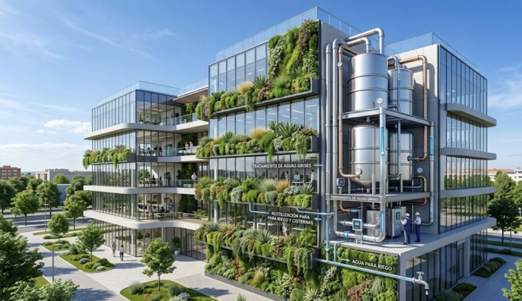 Advanced commercial greywater recycling infrastructure designed for large-scale water reuse in landscaping and toilet flushing for office buildings.