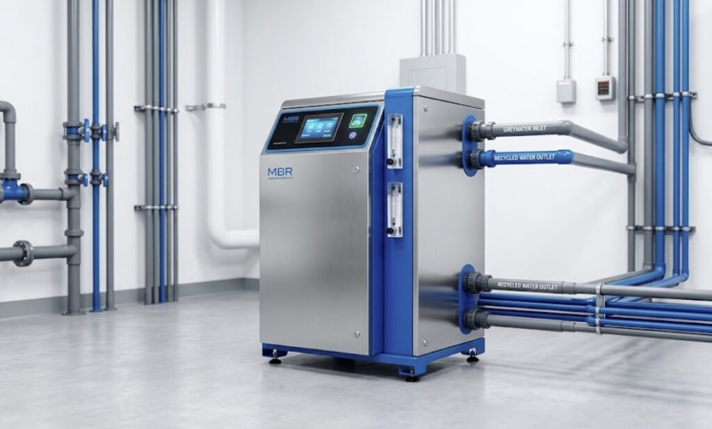 A high-tech Membrane Bioreactor unit showing advanced filtration for indoor reuse, providing a definitive answer to how do residential greywater systems work at the engineering level.