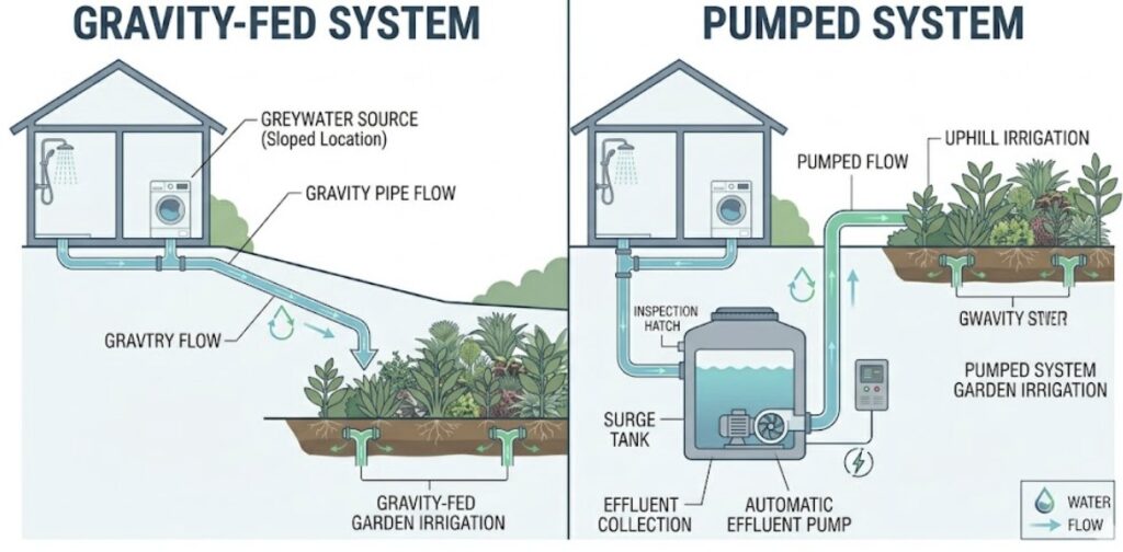 Technical illustration comparing a gravity-fed greywater system with a pumped greywater recycling system, highlighting the need for a surge tank and pump in the latter.