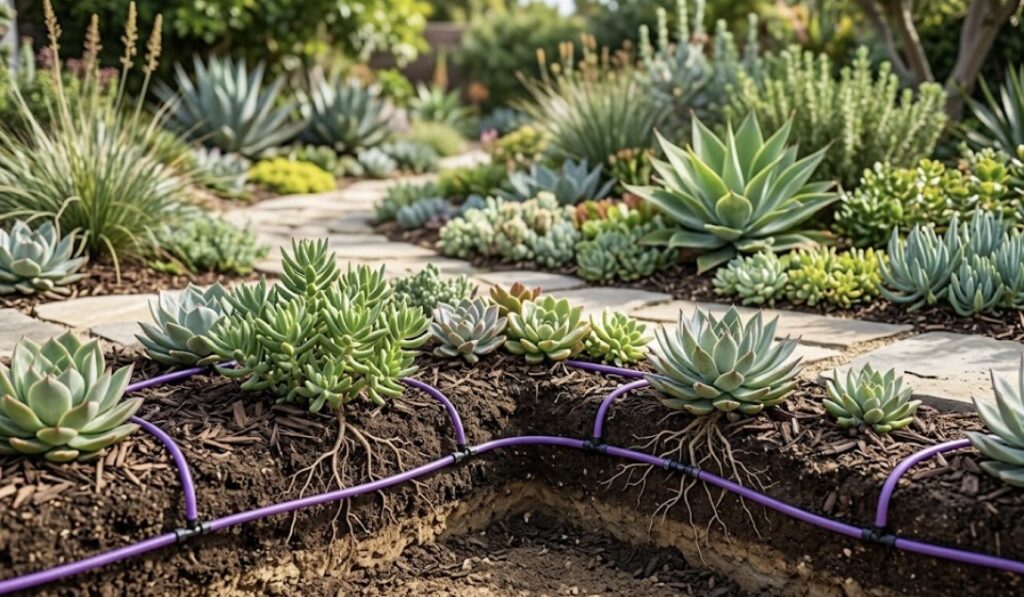 A thriving drought-resistant garden utilizing an efficient subsurface greywater drip irrigation system to minimize evaporation and water waste.