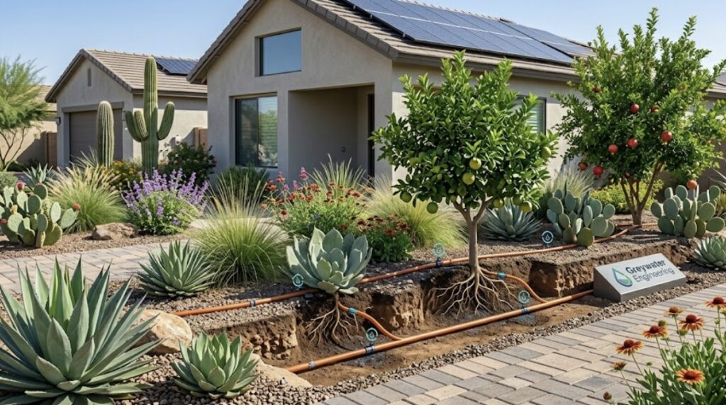 A vibrant, drought-resistant backyard landscape irrigated by a residential greywater recycling system using a modern underground drip irrigation network.