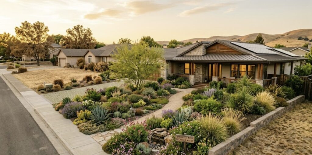 A resilient and lush landscape maintained during a drought, highlighting the environmental greywater recycling benefits for property owners.