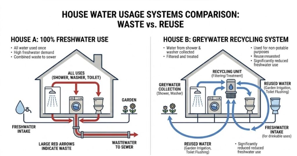 Infographic comparing traditional freshwater consumption versus the efficiency of a greywater reuse system in a modern household.