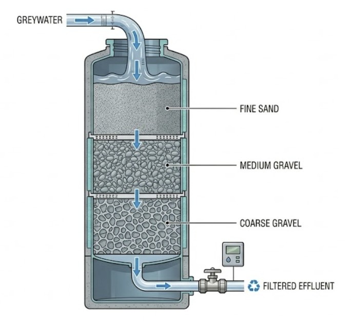 A schematic cross-section detailing the specific gravel and sand filtration layers used for physical treatment inside a residential greywater system.