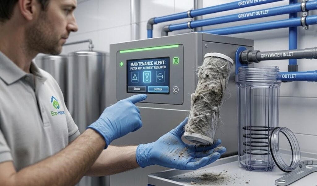A close-up photograph showing a homeowner performing maintenance by cleaning a sediment filter cartridge next to the main control panel of a residential greywater system.