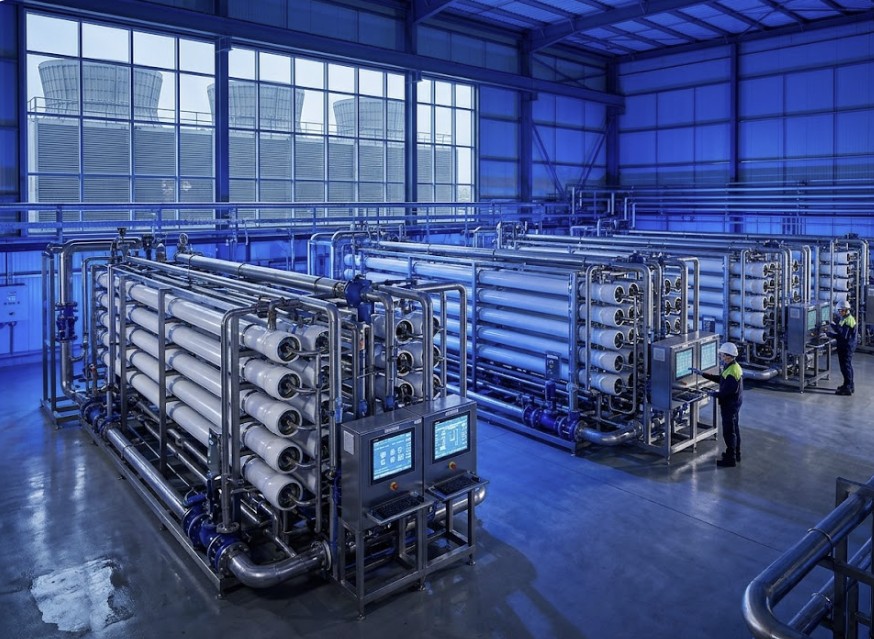 Industrial water recycling facility with advanced membrane filtration and digital monitoring systems.
