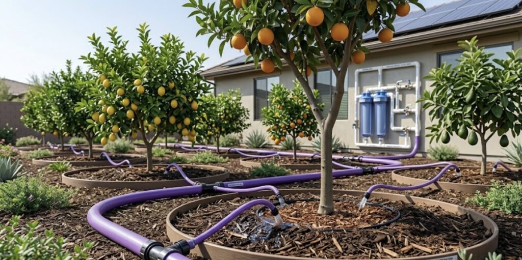 A practical application of a laundry-to-landscape system showing flexible greywater irrigation tubing distributing water into mulch basins around healthy fruit trees.