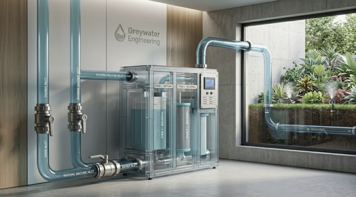 Professional installation of a modern residential greywater recycling system in a basement featuring multi-stage filtration tanks and irrigation diverter valves for sustainable landscaping.