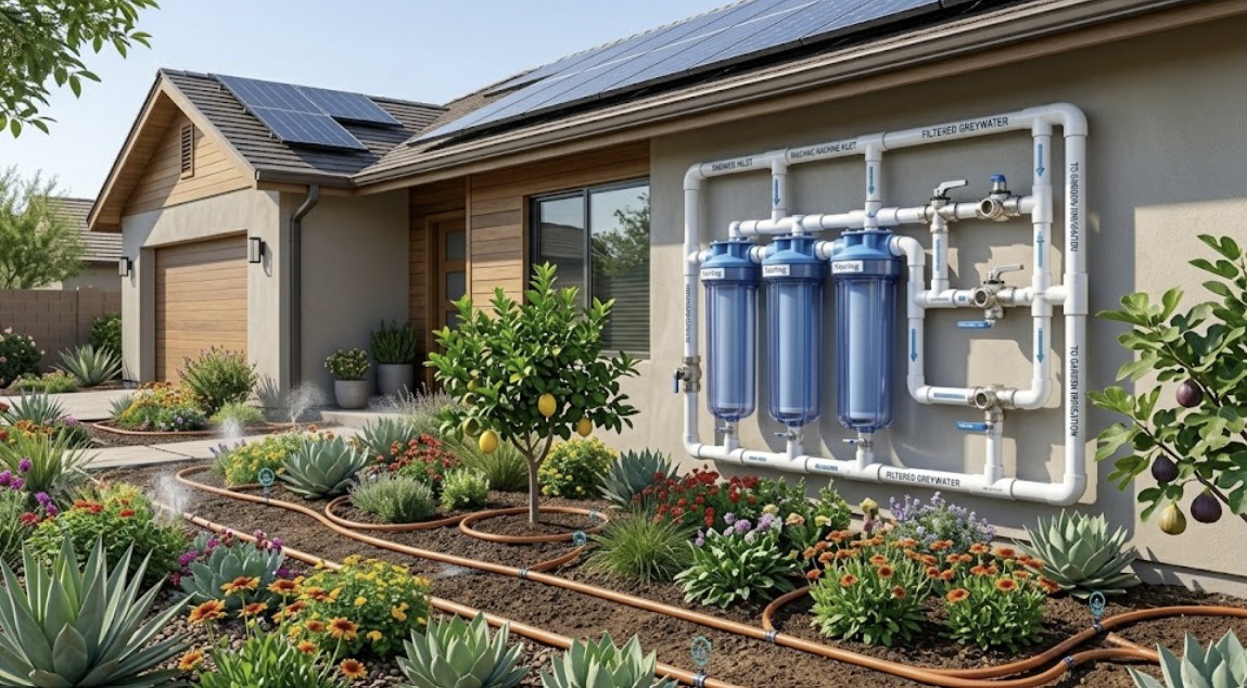 A comprehensive architectural view illustrating how do residential greywater systems work by showing the complete flow from home collection to filtration and landscape irrigation.