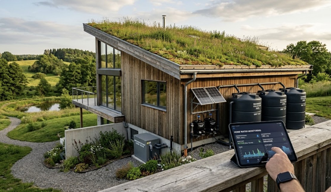 Integrated modern sustainable water system featuring rainwater tanks, solar pumps, and smart monitoring controls.