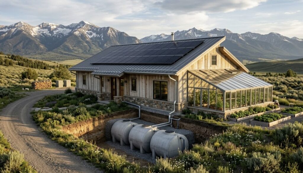 Off-grid eco-home with rooftop rainwater collection and underground cistern storage infrastructure.