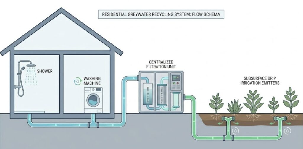 Cross-section technical diagram showing household greywater flow from a shower and washing machine through a filtration unit into a subsurface garden irrigation system.