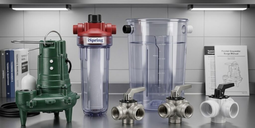 A professional collection of essential hardware for residential greywater recycling systems, including high-quality effluent pumps, disc filters, surge tanks, and diverter valves arranged in a clean workshop setting.