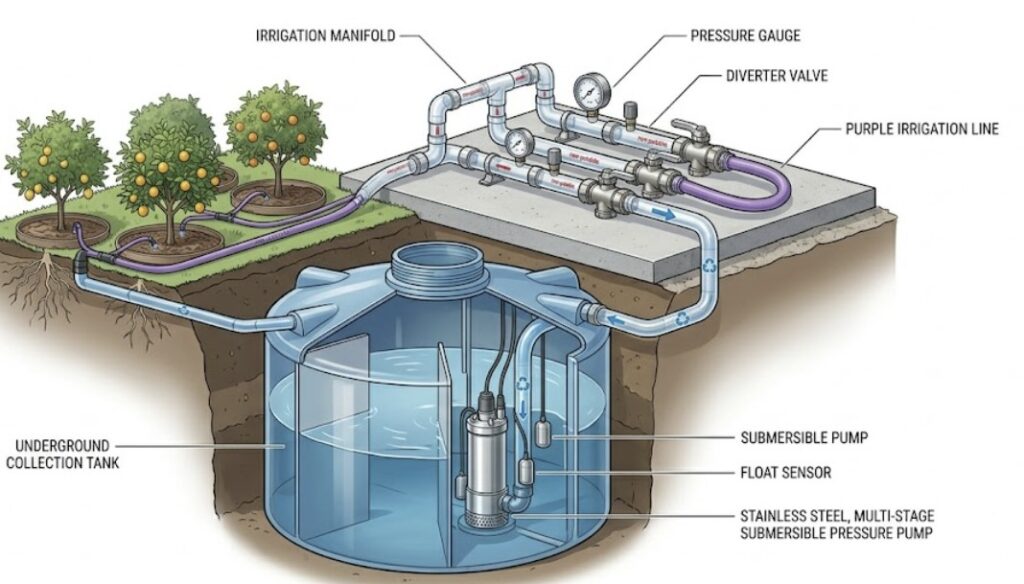 A technical illustration of a residential pumped greywater system, detailing the subterranean collection tank, pressure pump, and the above-ground distribution manifold.