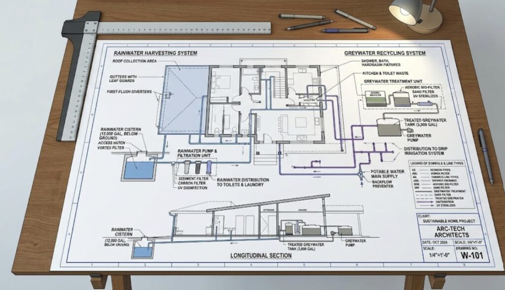 Professional blueprint illustrating what are sustainable water systems, labeling rainwater, greywater, and filtration components.