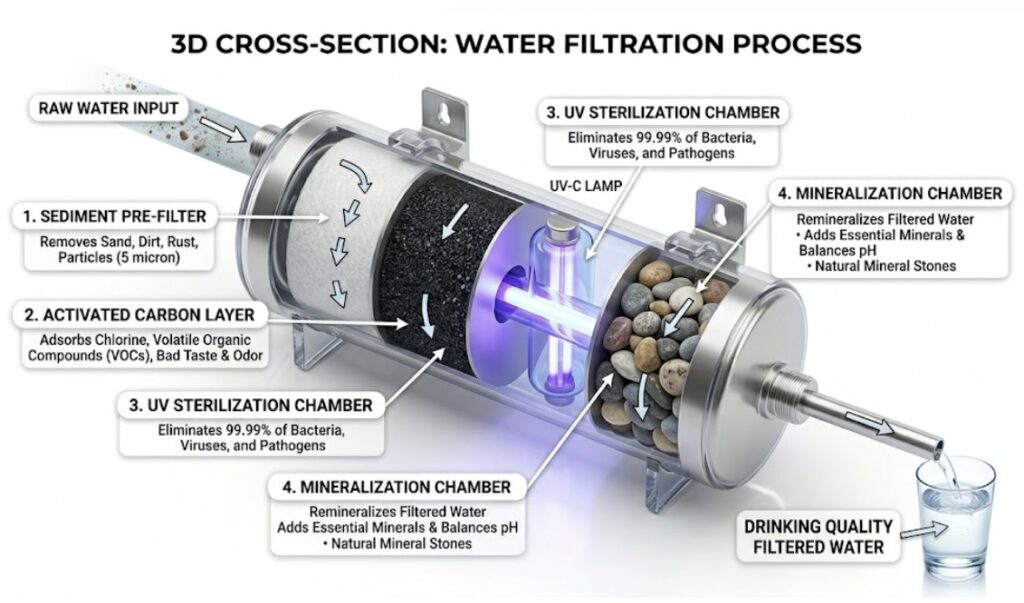 Technical cross-section of a sustainable water filtration process including UV sterilization and carbon filters.