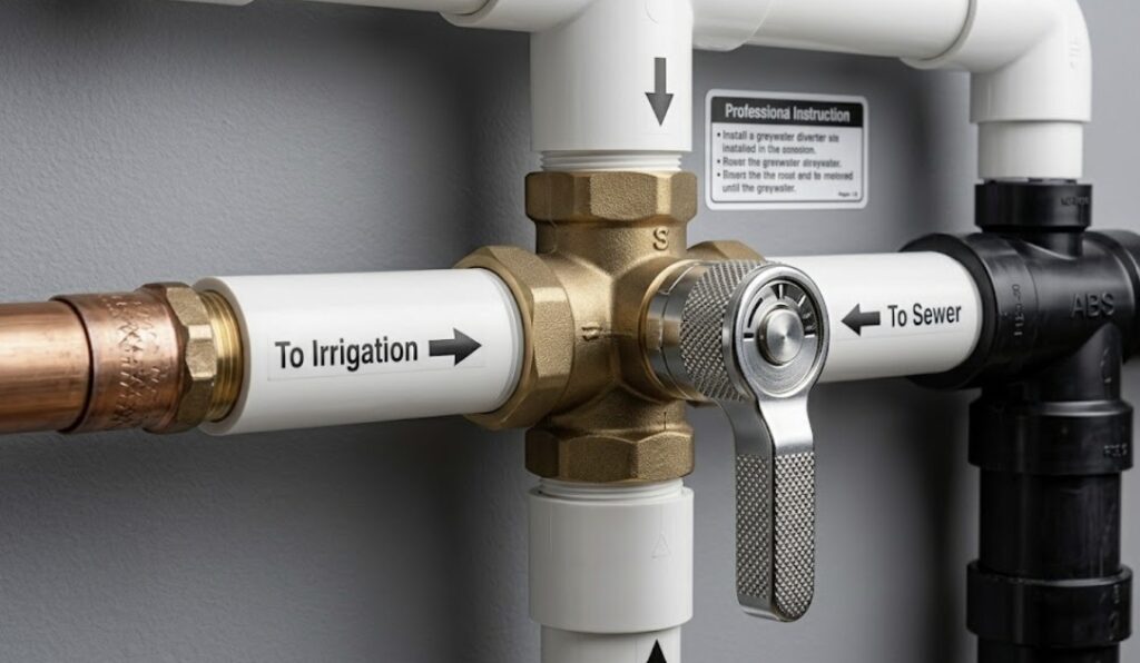A focused technical shot of a three-way greywater diverter valve directing household wastewater to either the irrigation network or the main sewer line.
