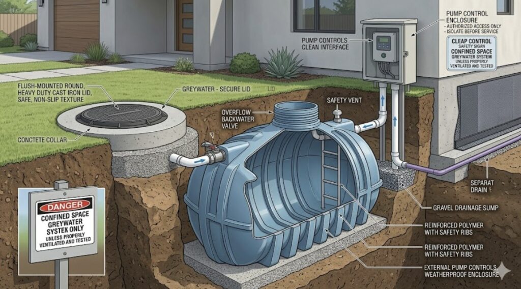 An subterranean installation of a residential greywater storage tank, highlighting the secure access lid, overflow prevention pipe, and external pump control panel.