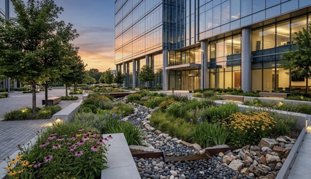 Sustainable urban bioswale and rain garden for stormwater management in a commercial landscape.